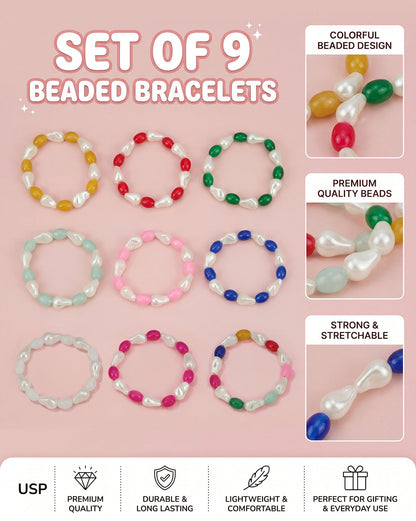 Set of 9 Multi Coloured Bead &amp; Pearl Stretchable Bracelet for Girl
