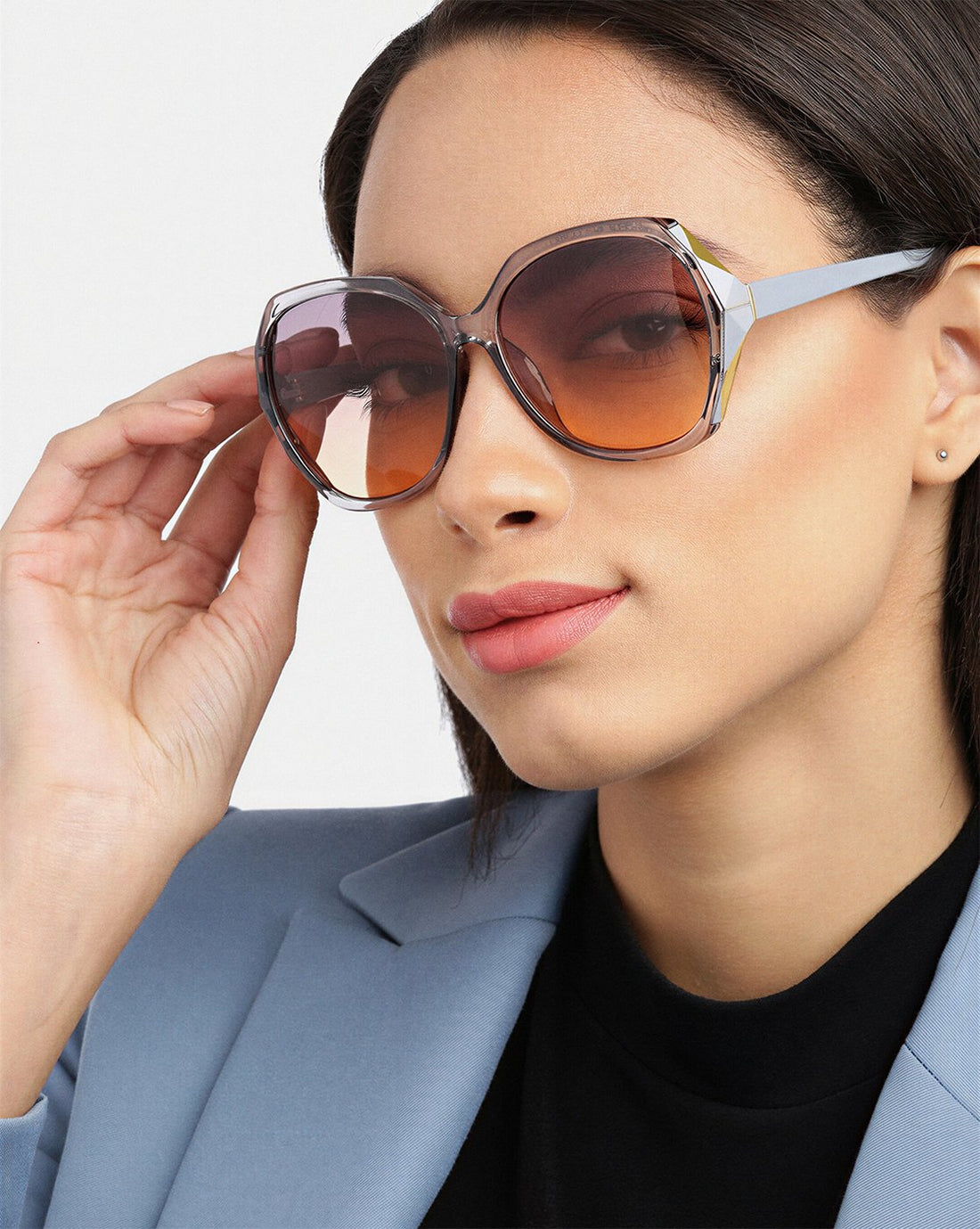 Women Grey Toned UV Protected Sunglasses &amp; Rhodium Plated Solitaire Drop Earring Set
