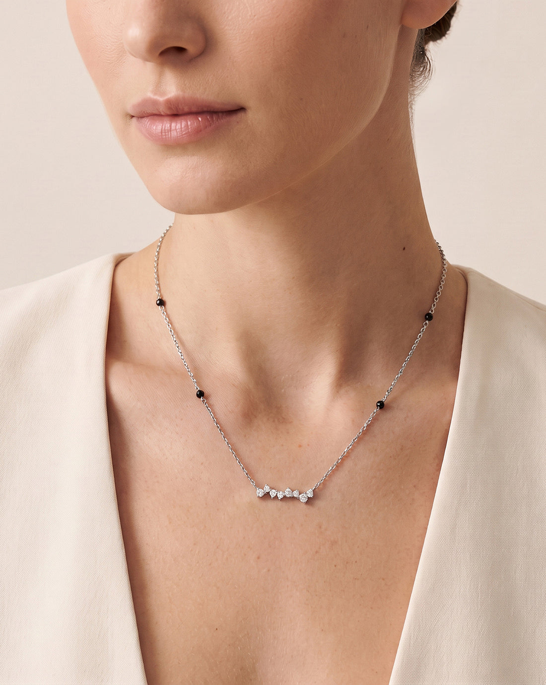 925 Sterling Silver Rhodium Plated Natural black bead &amp; CZ Studded Designer Solitaire Mangalsutra