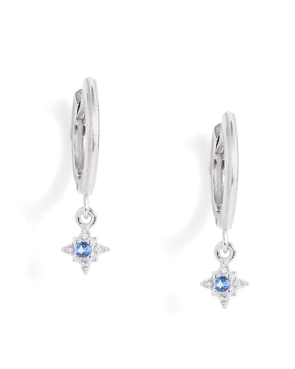 Rhodium Plated Dangling Blue Topaz Mini Hoop Earring
