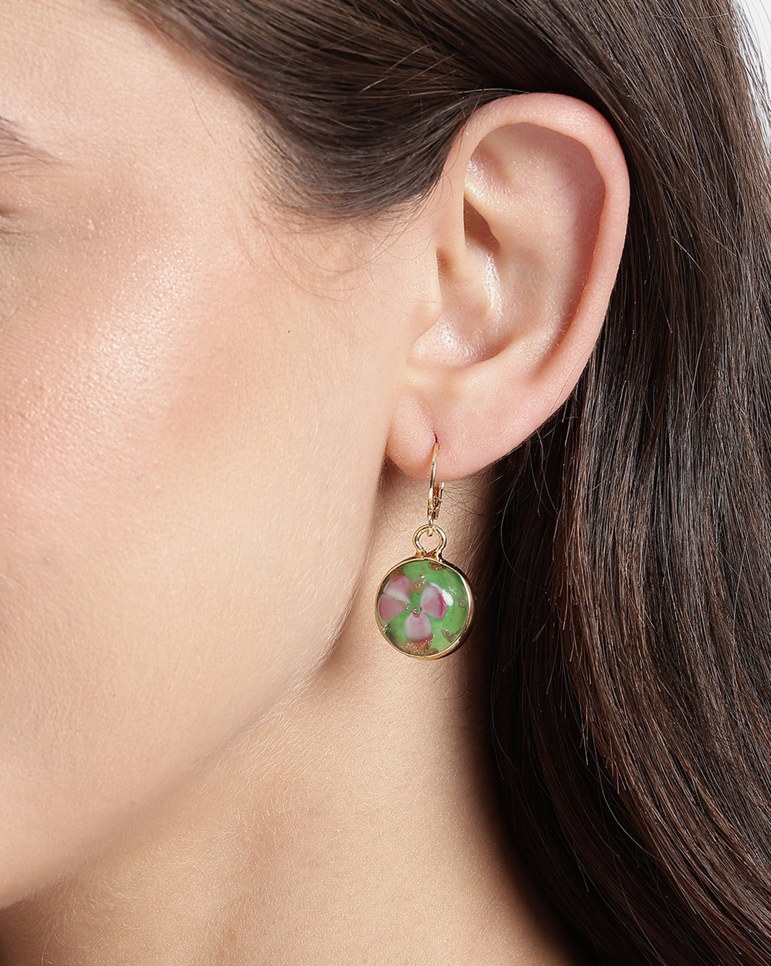 Gold Plated Artistic Dangling Green Enamel Floral Hoop Earring