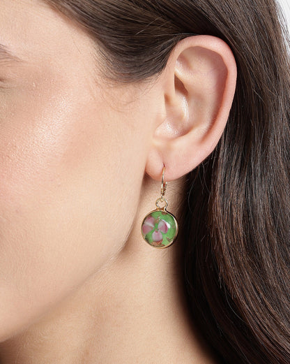 Gold Plated Artistic Dangling Green Enamel Floral Hoop Earring