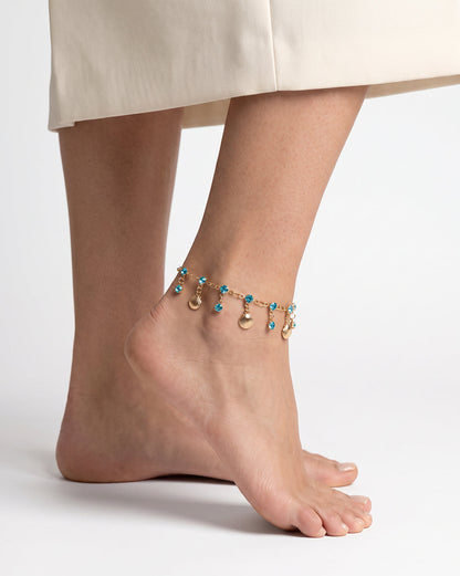 Rose Gold Plated Sea Shell and Turquoise Blue Studded Charm Anklet