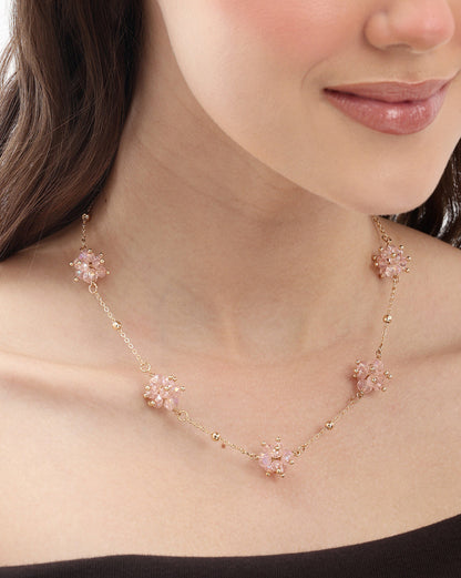 Gold Plated Dainty Rose Pink Beaded Floral Necklace