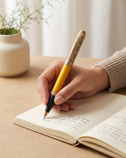 Yellow &amp; Black Toned Bold Everyday Writing Pen with Smooth Ink-Fine Tip and Magnetic Engraved Gold Cap
