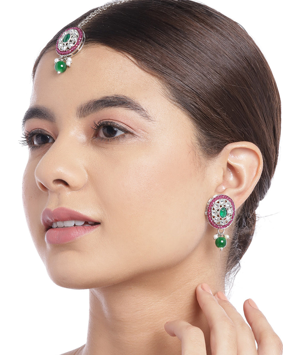 Silver Plated Emerald Green &amp; Ruby Pink Stone Maang Tikaa and Earring Set