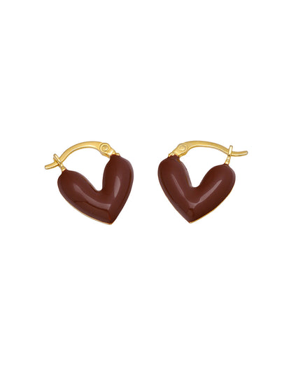 18k Gold-Plated Brown Enamel Heart Hoop Earrings