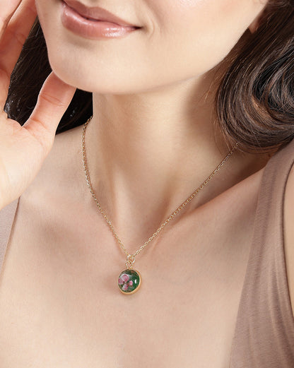 Gold Plated Green Stone and Enamel Round Floral Pendant with Chain