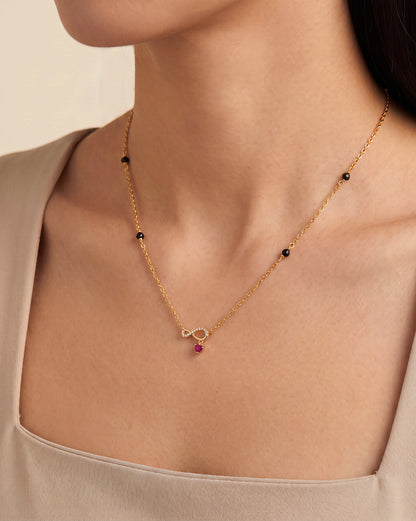 925 Sterling Silver 18kt Gold Plated Natural black bead Infinity with Heart CZ Mangalsutra