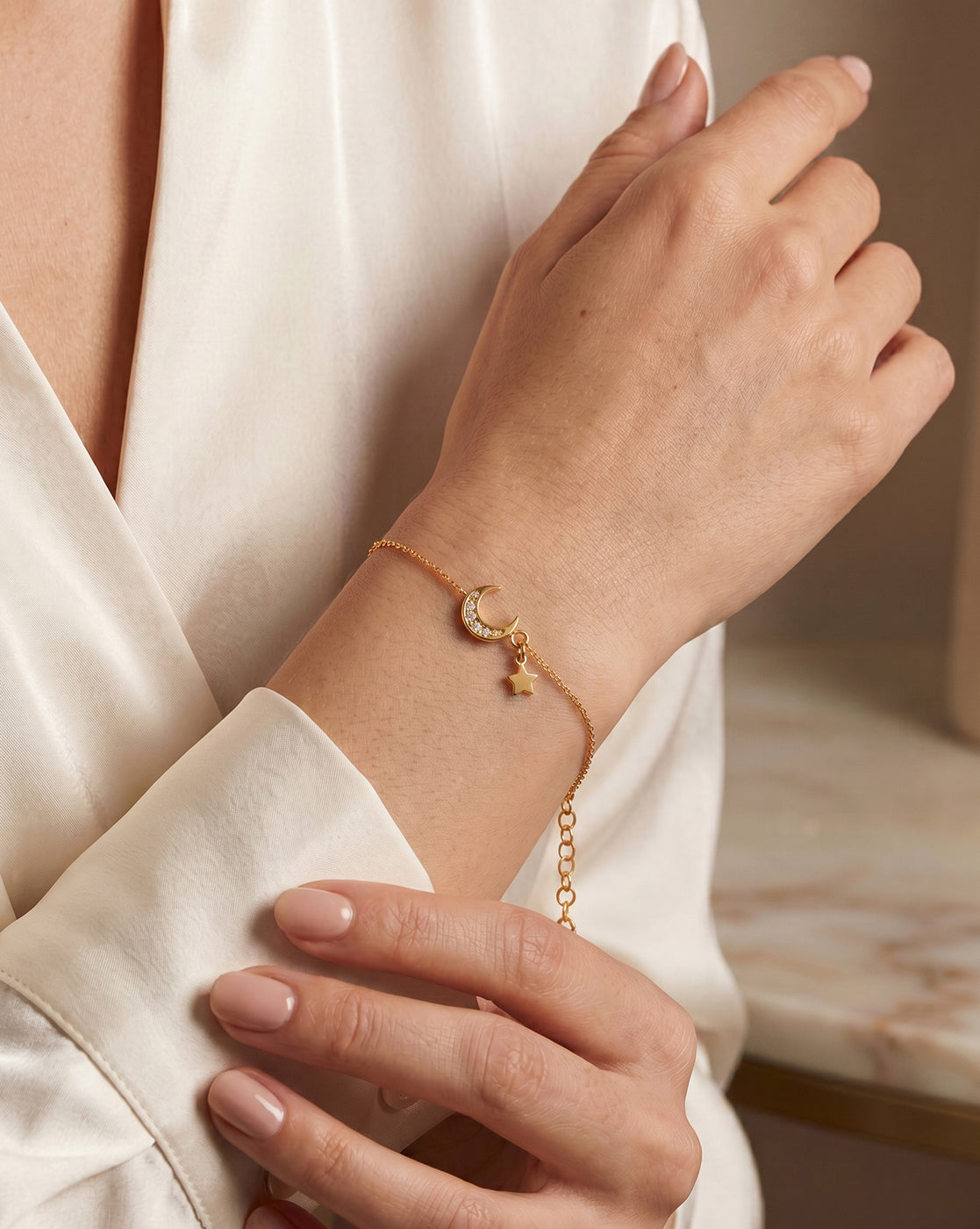 925 Sterling Silver 18kt Gold Plated CZ Moon and Star Charm Bracelet