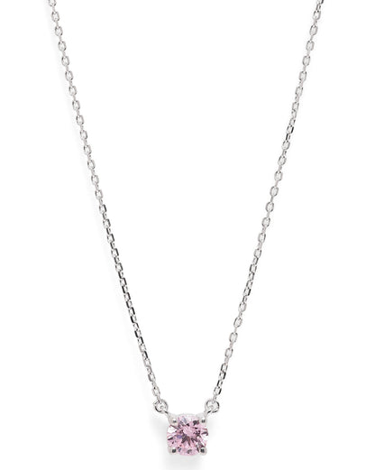 Rhodium Plated Dangling Pink Solitaire Necklace