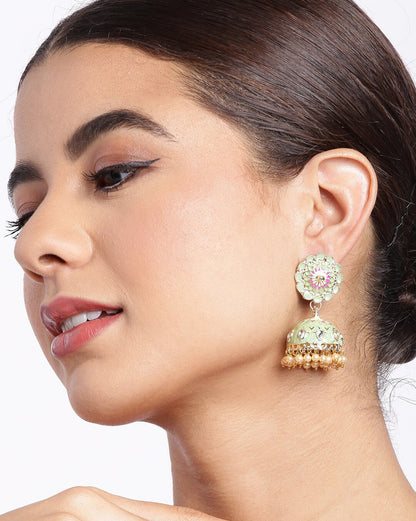 Gold Plated Kundan and Pearl Green Enamel Floral Dome Jhumka Earring