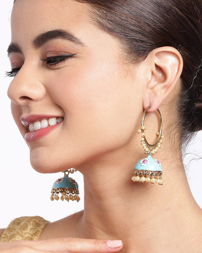 Gold Plated Enamel Meenakari Jhumka Earrings with Pearl Drops