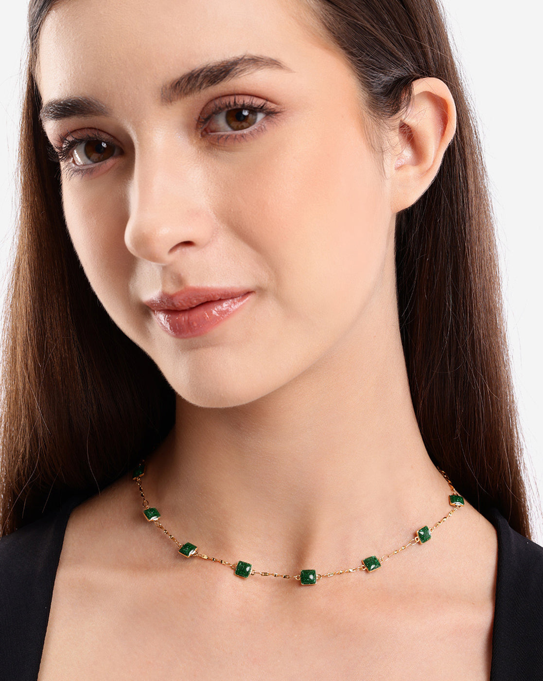 Gold Plated Contemporary Geometric Teal Stones Station Chain Necklace