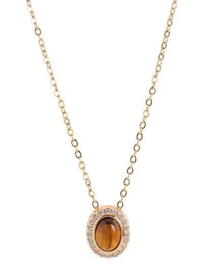 Gold Plated Modern Tiger Eye &amp; CZ Halo Studded Necklace