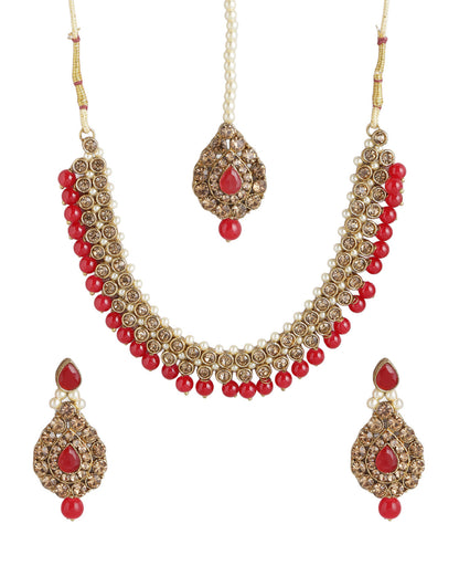Gold Plated CZ, Pearl &amp; Red Beaded Necklace, Earrings &amp; Maang Tika Set