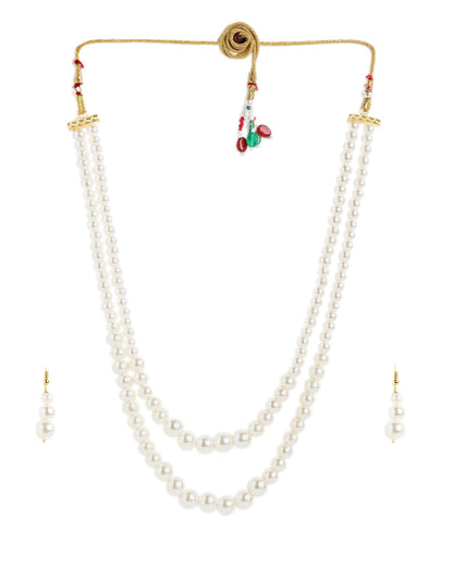 Gold Plated Double Strand Graduating Pearl Necklace with Earring Set
