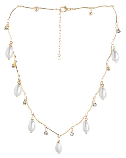 Gold Plated Contemporary Dangling CZ and Pearl Wave Necklace