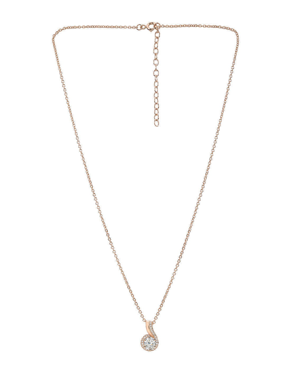 18KT Rose Gold Plated CZ Solitaire Swirl Pendant with Chain