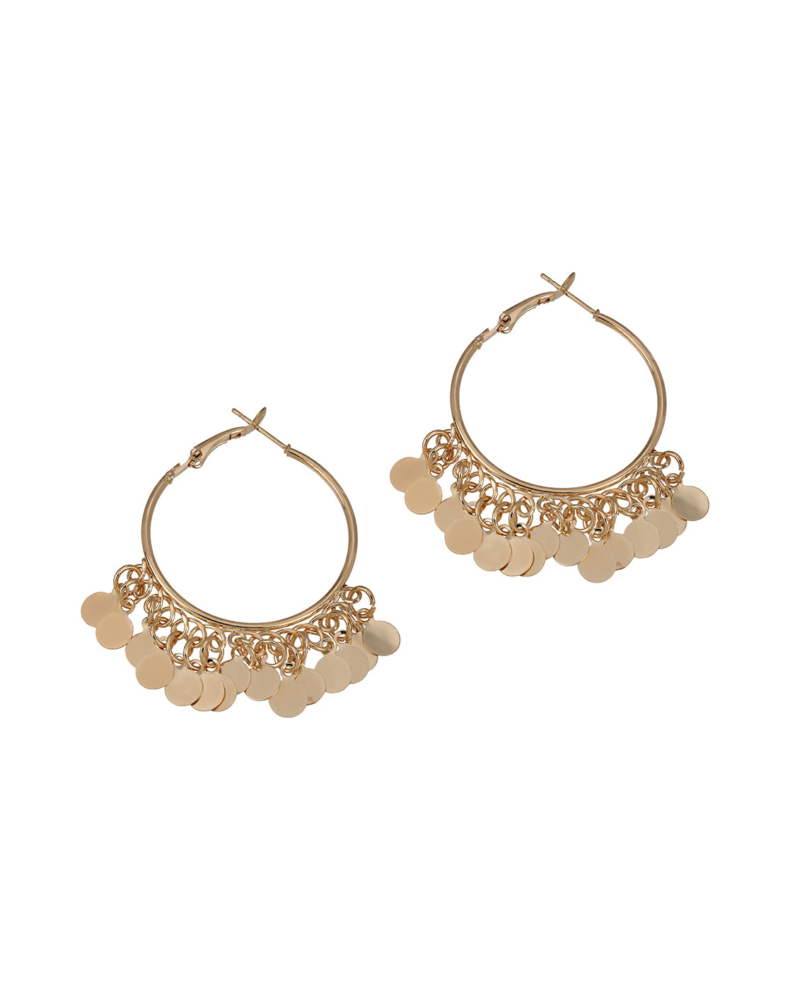 Gold Plated Dangling Boho Coin Fringe Bold Hoop Earring