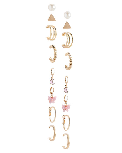 Set of 9 Gold Plated Pearl Butterfly-Crescent Moon Enamel Twisted Hoop and Stud Multipack Earring