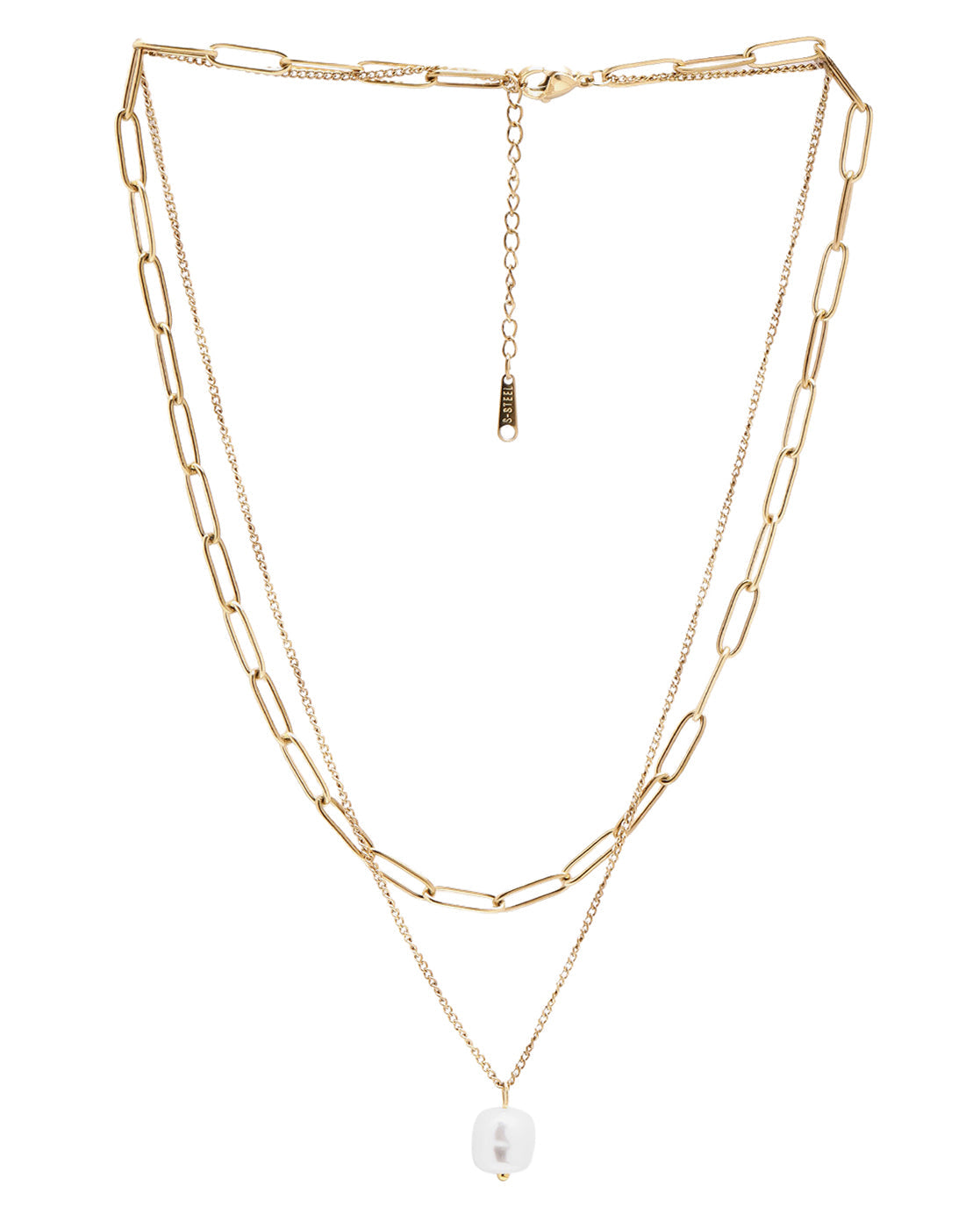 Gold Plated Modern Dangling Organic Pearl &amp; Paperclip Chain Layered Necklace