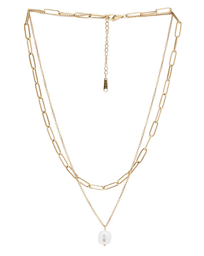 Gold Plated Modern Dangling Organic Pearl &amp; Paperclip Chain Layered Necklace
