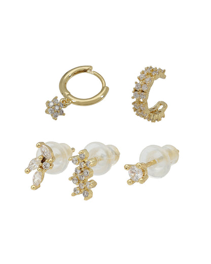 Gold Plated Designer Stud, Cuff &amp; Mini Hoop with CZ Piercing Set