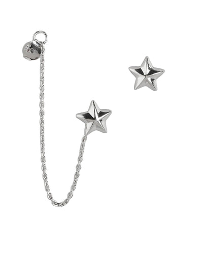 925 Sterling Silver Rhodium Plated Star Stud with Chain Mismatch Earring