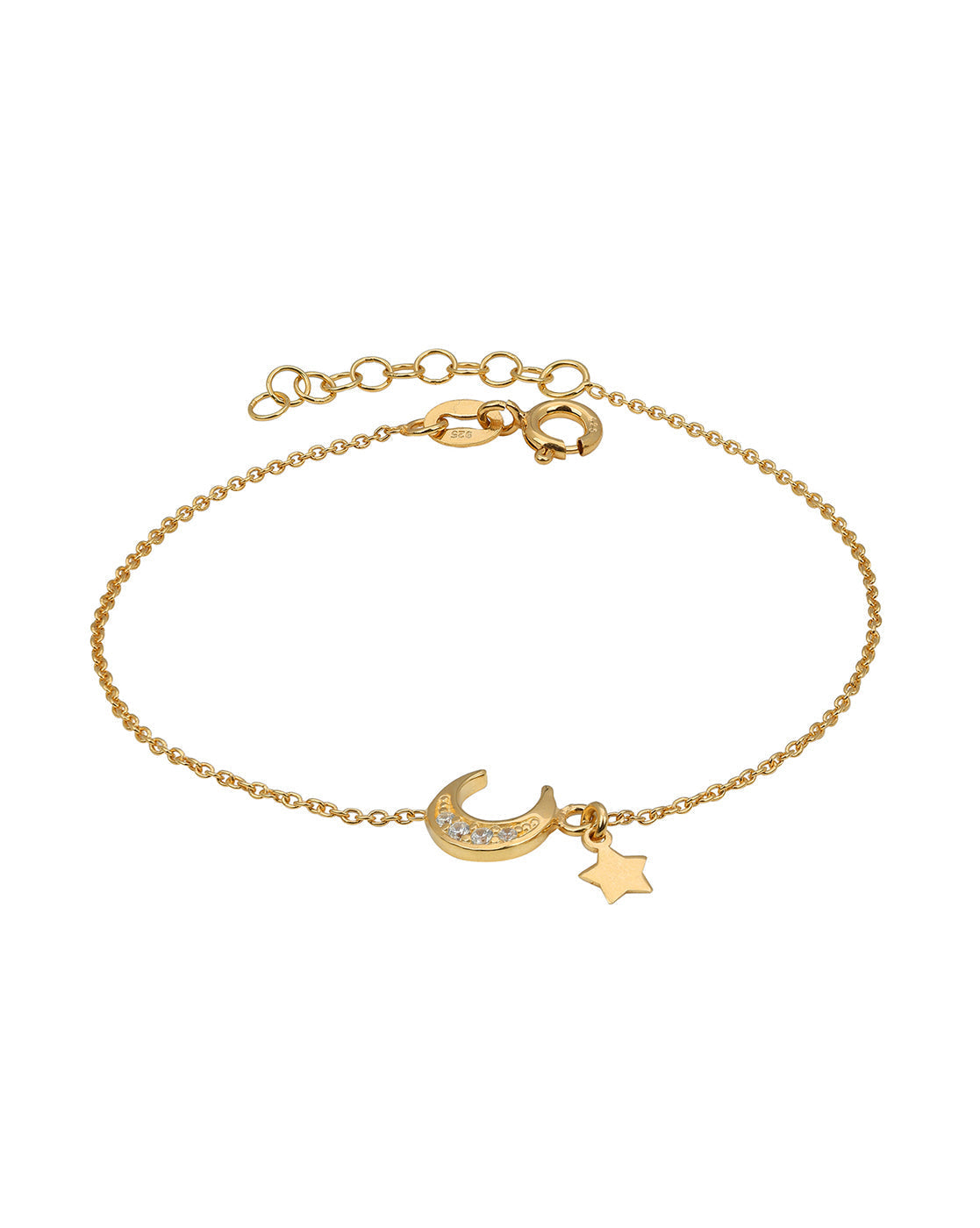 925 Sterling Silver 18kt Gold Plated CZ Moon and Star Charm Bracelet