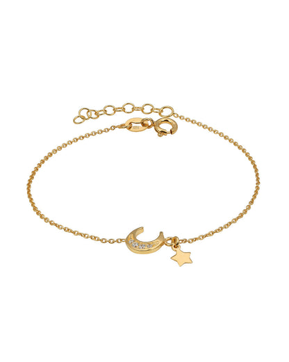 925 Sterling Silver 18kt Gold Plated CZ Moon and Star Charm Bracelet