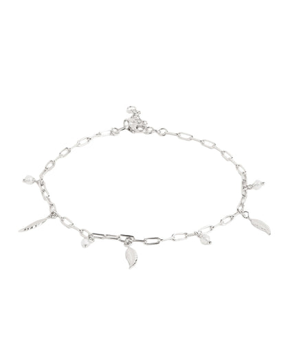 Rhodium Plated Dainty Leaf &amp; Crystal Charm with Paperclip Adjustable Chain Anklet