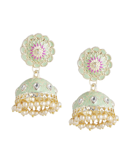 Gold Plated Kundan and Pearl Green Enamel Floral Dome Jhumka Earring