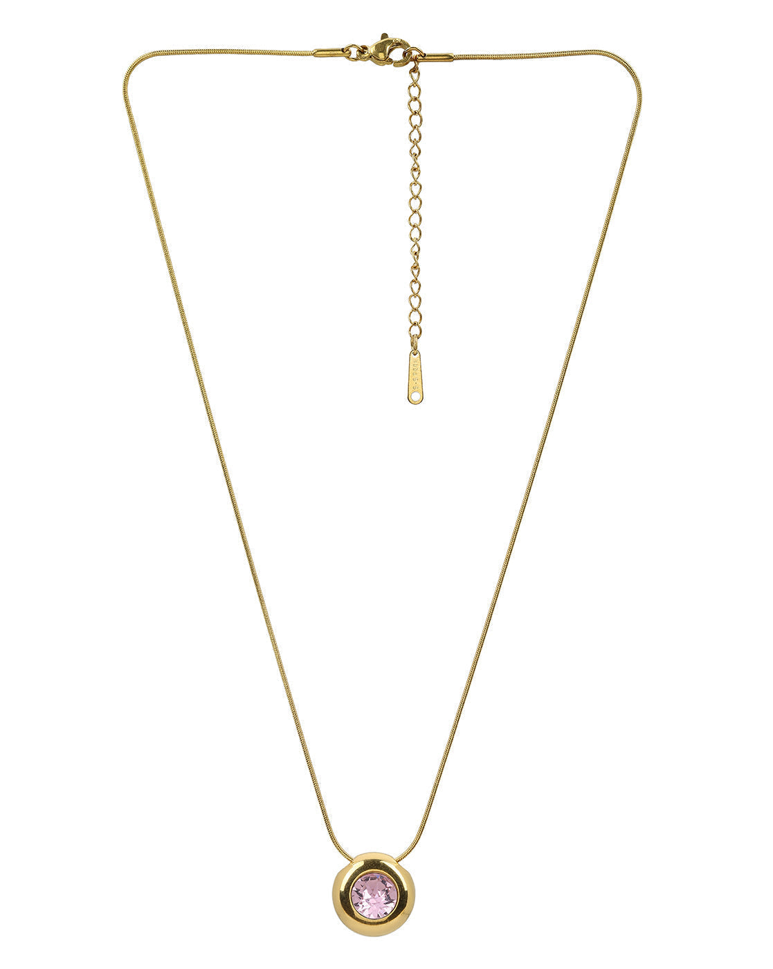 Gold Plated Pink Solitaire Studded Round Pendant and Snake Chain