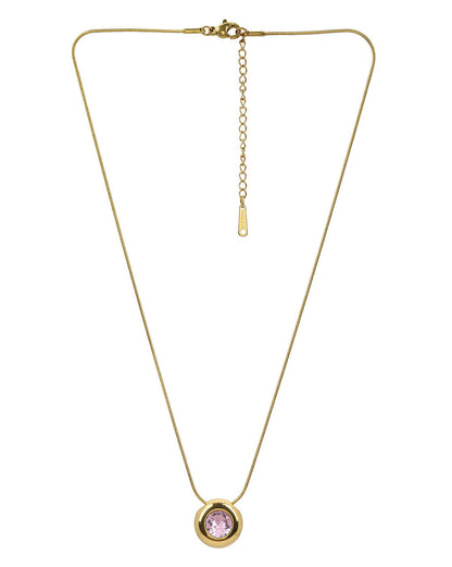 Gold Plated Pink Solitaire Studded Round Pendant and Snake Chain