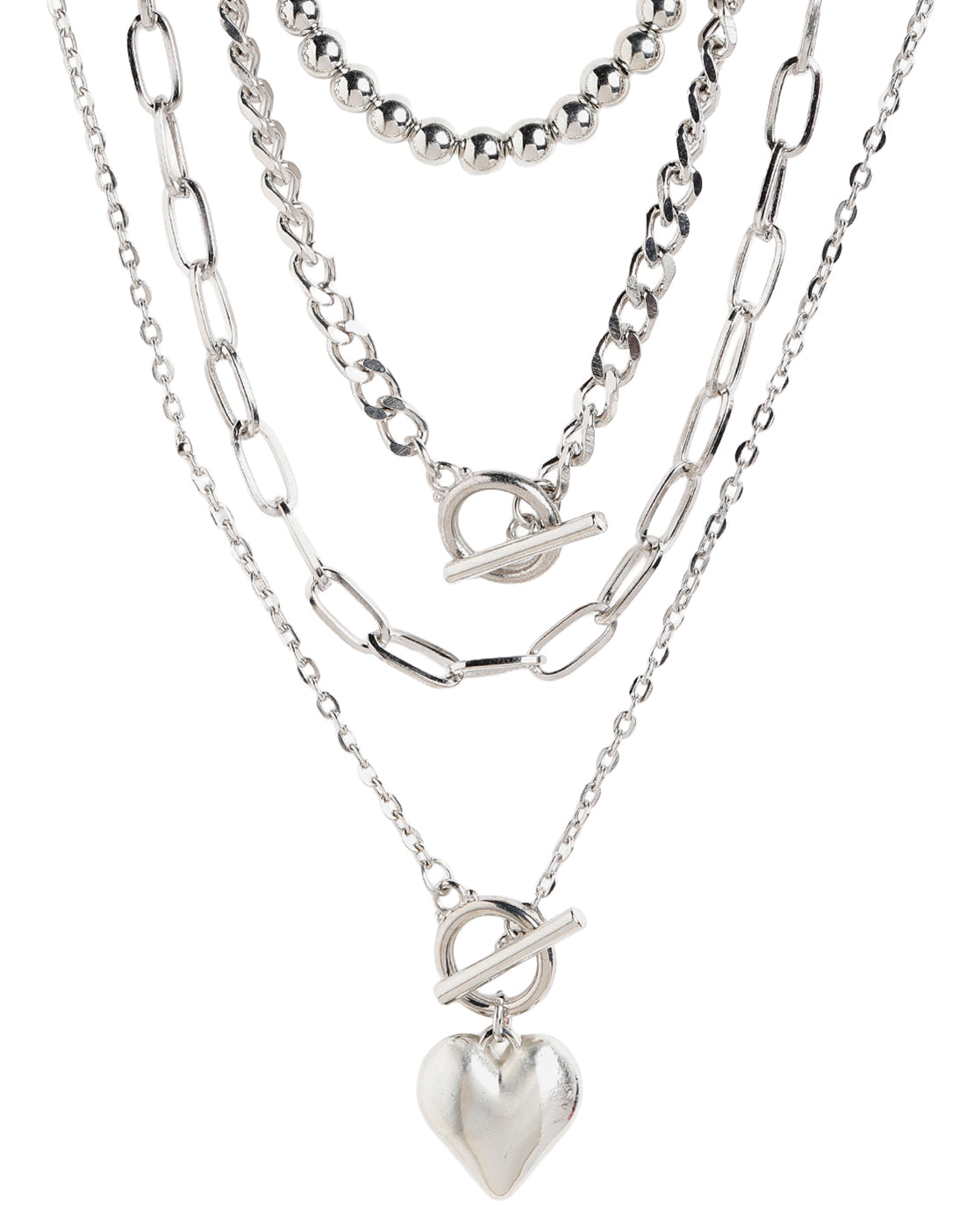 Set of 4 Silver Plated Puffed Heart, Toggle with Fancy Chains Multilayered Necklace