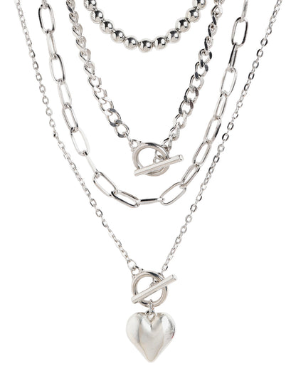 Set of 4 Silver Plated Puffed Heart, Toggle with Fancy Chains Multilayered Necklace