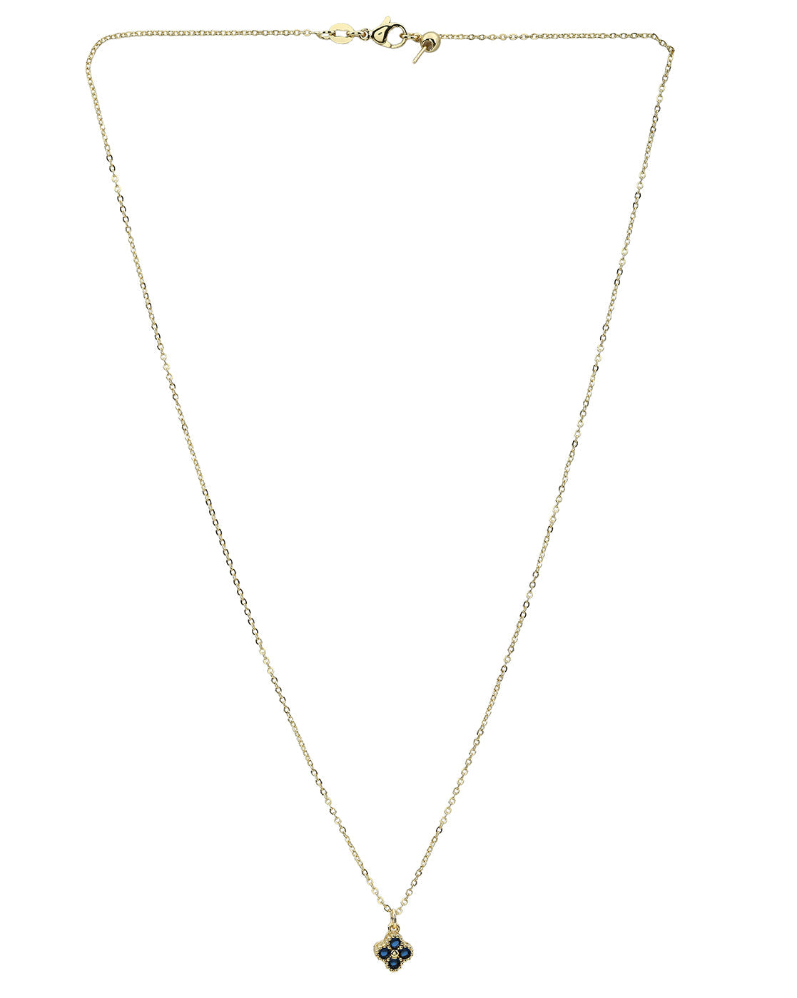 Gold Plated Petite Four-Clover Pendant with Sapphire Blue and Cable Chain