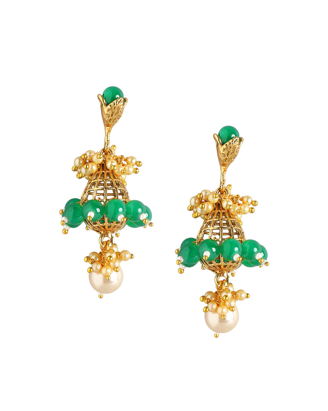 Gold Plated Ethnic Statement Earrings with Pearl &amp; Green Beads