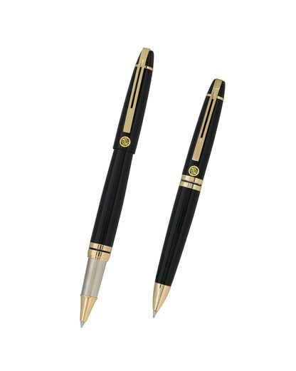 Set of 2 Glossy Black Metal Executive Roller and Twist Pen Gift Set with Gold Trim and Accents