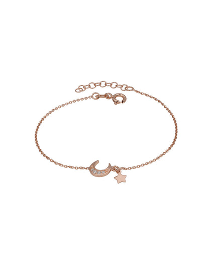 925 Sterling Silver 18kt Rose Gold Plated CZ Moon and Star Charm Bracelet