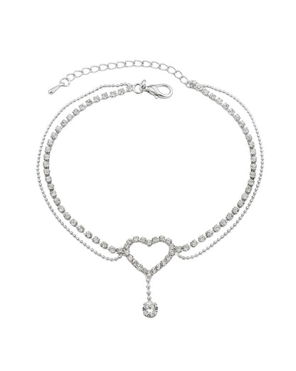 Silver Plated CZ Studded Heart and Dangling Solitaire Layered Anklet