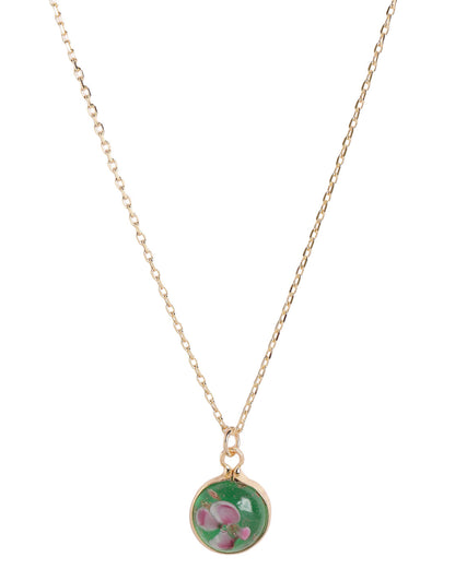 Gold Plated Green Stone and Enamel Round Floral Pendant with Chain