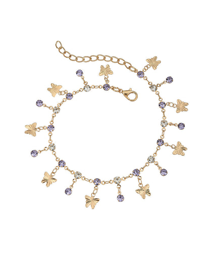 Rose Gold Plated CZ and Amethyst Purple Solitaire Butterfly Charm Anklet
