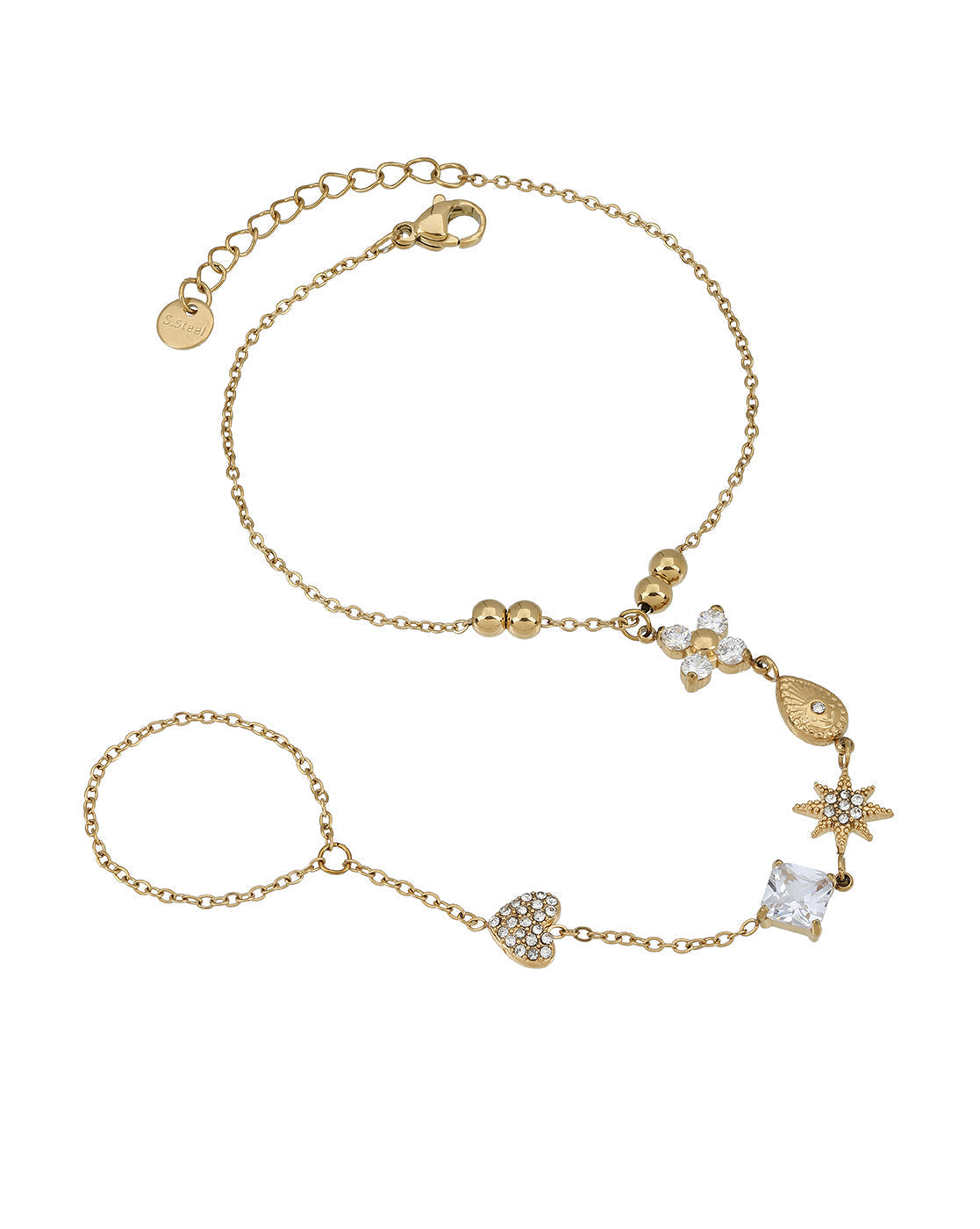 Premium Gold Plated CZ Studded Floral,Heart, Star,Tear Drop &amp; Cushion Solitaire Hand Chain Bracelet