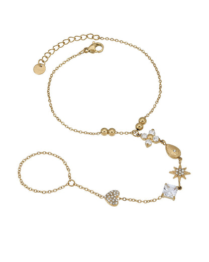 Premium Gold Plated CZ Studded Floral,Heart, Star,Tear Drop &amp; Cushion Solitaire Hand Chain Bracelet