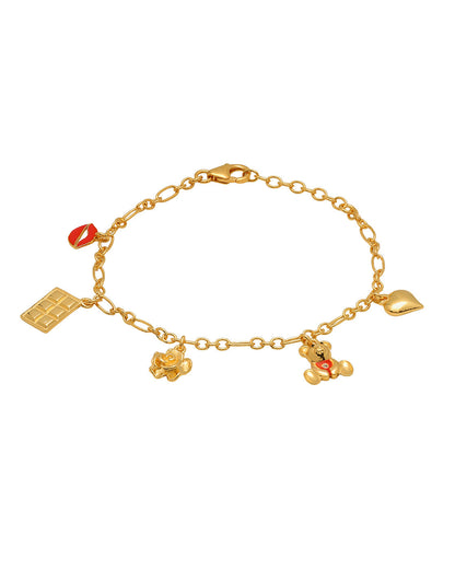18kt Gold Plated Dangling Floral Teddy Heart Charm Enamel Bracelet
