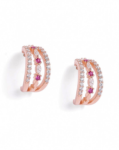 18kt Rose Gold Plated Ruby Studded Triple Band Layered Half Hoop Earring