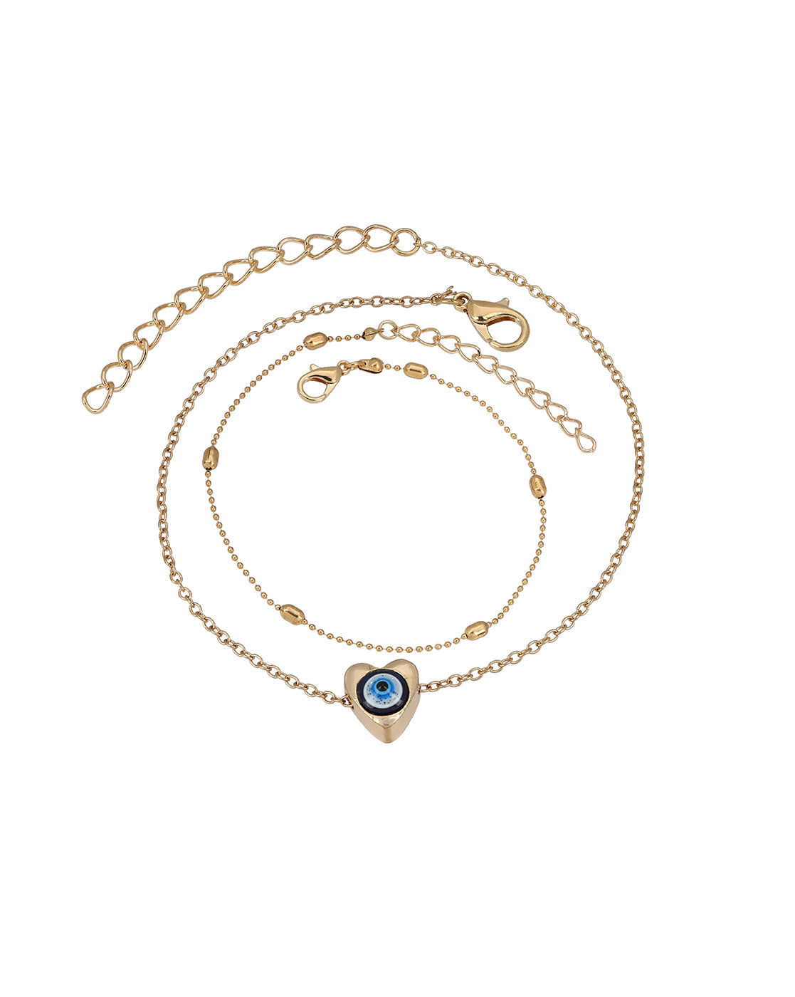 Set of 2 Rose Gold Plated Puff Heart Evil Eye Enamel Layered Anklet