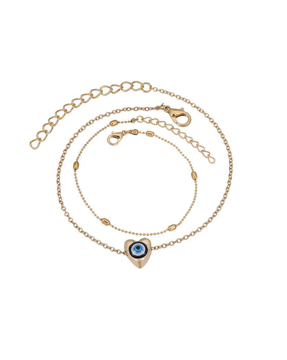 Set of 2 Rose Gold Plated Puff Heart Evil Eye Enamel Layered Anklet